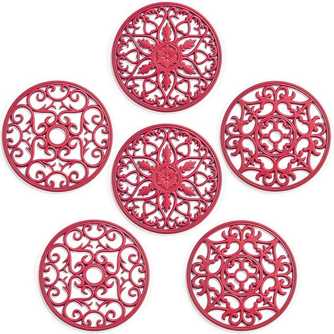 SMARTAKE 6 Set Silicone Trivet Mats for Hot Dishes, Heat Resistant Pots and Pans Holders, Non-Slip Flexible Hot Pads Coasters for Countertops Table, Modern Kitchen Decor Accessories (Red)