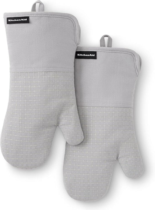 KITCHENAID Gourmet Series Gridlines Oven Mitts 2-Pack Set, Heat Resistant up to 600°F, Soft Silicone Grip, Magnetic Cuff, Matte Grey, 7"x14"