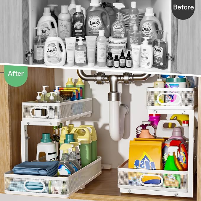 Under Sink Organizer, High Adjustable 2 Tier Under Sink Organizers and Storage, Slide out Metal Cabinet Organizers, Pull out Storage Drawer Shelf for Kitchen Bathroom Cabinet (White-1 pack)