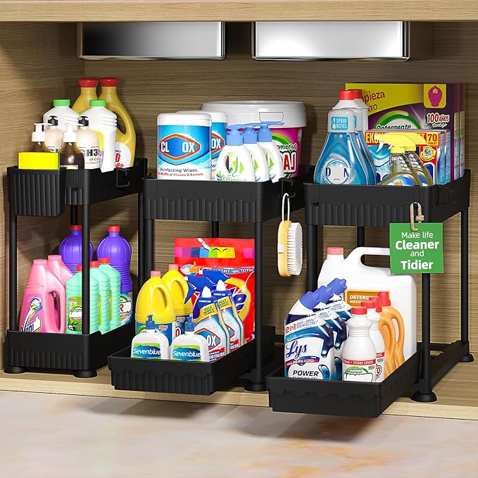 3-Pack 2-Tier Under Sink Organizers with Sliding Drawers | Multi-use kitchen & bathroom storage, 14.8 inch black cabinet organizer, space-saving sliding drawer design.