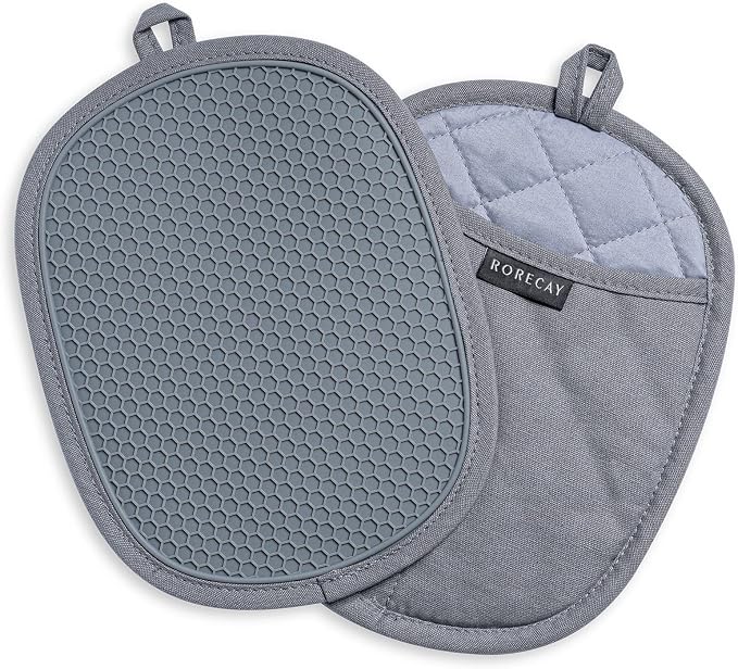 RORECAY 2-Pack Silicone Pot Holders for Kitchen, Hot Pads with Pocket, Gray | Heat Resistant up to 500°F, Quilted Cotton Potholders, Non-Slip & Waterproof Trivets for Hot Pots, Pans, and Countertops