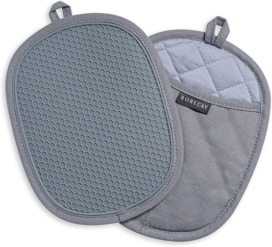 RORECAY 2-Pack Silicone Pot Holders for Kitchen, Hot Pads with Pocket, Gray | Heat Resistant up to 500°F, Quilted Cotton Potholders, Non-Slip & Waterproof Trivets for Hot Pots, Pans, and Countertops