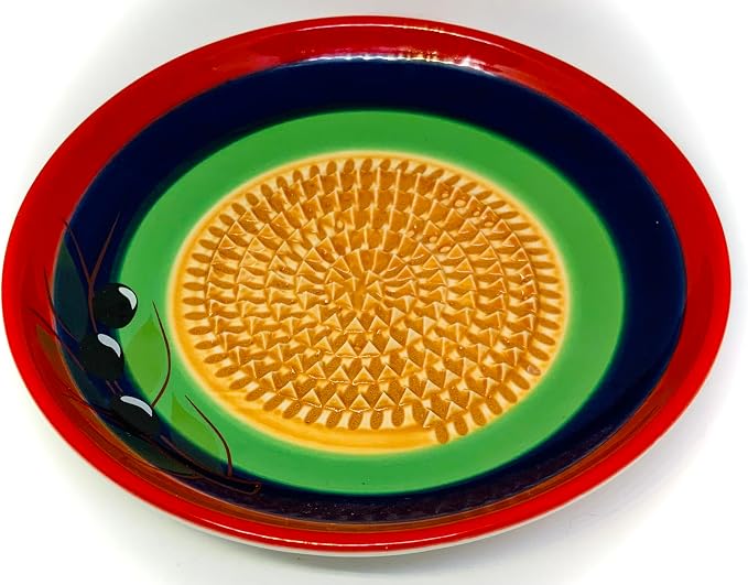 BonCera, All-in-one Premium Ceramic Garlic Grater Plate 4-Piece Set - Classic Multicolor Olive Design - For Garlic, Ginger, Chocolate, and more! - Comes with 5.25" Plate, Peeler, Brush, and Stand
