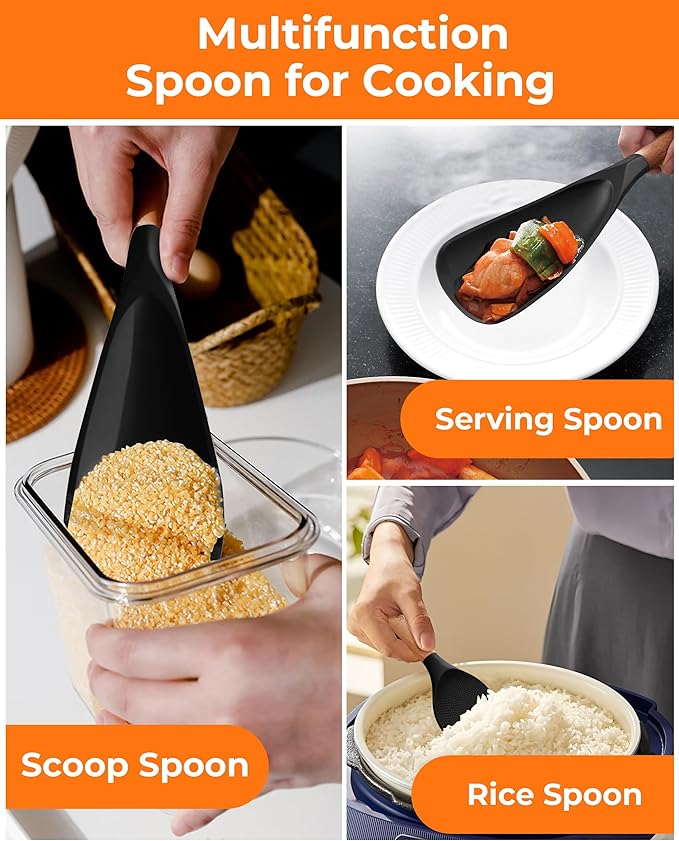 Cooking Spoon Multifunction Spoonula Silicone Spatula Spoon 2-Pack, Dual-Use Heat Resistant 446°F, BPA-Free Non-Toxic Wooden Handle Rice Spoon Set for Non-Stick Cookware & Rice Cookers (Black)