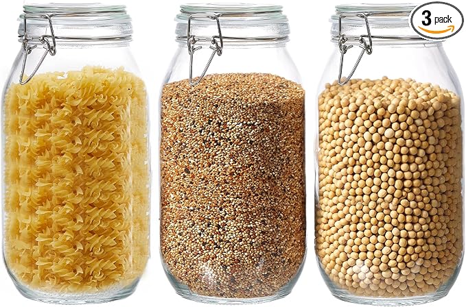 3 Pack 68oz Food Storage Jars with Airtight Lids, Preserving Seal Wire Clip Fastening Glass Containers, Canisters for Kitchen Organization, Flour, Cereal, Pasta, Sugar, Beans, Pickling Jars(68 Oz*3)