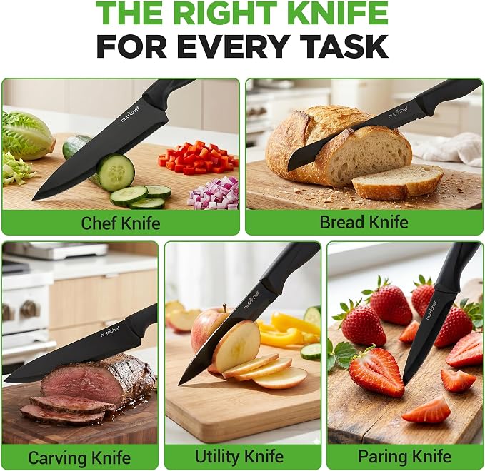 NutriChef 17-Piece Kitchen Knife Block Set - Stainless Steel Precision Crafted Knives w/Acrylic Block Stand - Includes 6 Steak & 7 Multi-Use Knives, Sharpener, Scissors, & Vegetable Peeler (Black)