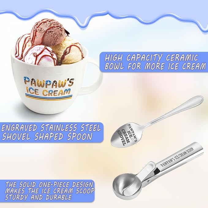 FUTBU Pawpaw Gifts, Gifts for Him Paw Paw's Father's Day, Paw Paw's Ice Cream Bowl Scoop Shovel Spoon Set, Paw-Paw’s Ice Cream Gift, Ideal Xmas Birthday Man Gifts