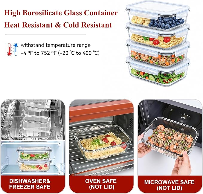 GEHE 4 Pack 52oz Glass Food Storage Containers with Lids, Large Glass Storage Containers with Airtight Lids, Meal Prep Container for Storing & Serving, Leak Proof, BPA Free, Microwave/Oven Safe
