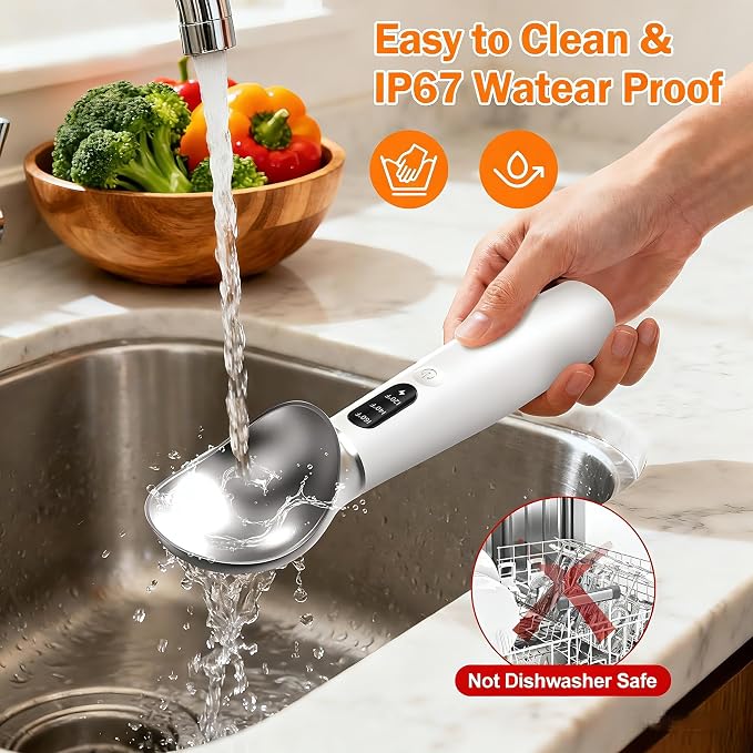 Heated Ice Cream Scoop - 3 Temp Settings Electric Warming Scooper, Rechargeable USB-C Fast Charge with LED Display, IP67 Waterproof Head for Hard Ice Cream/Gelato, Easy to Clean - White