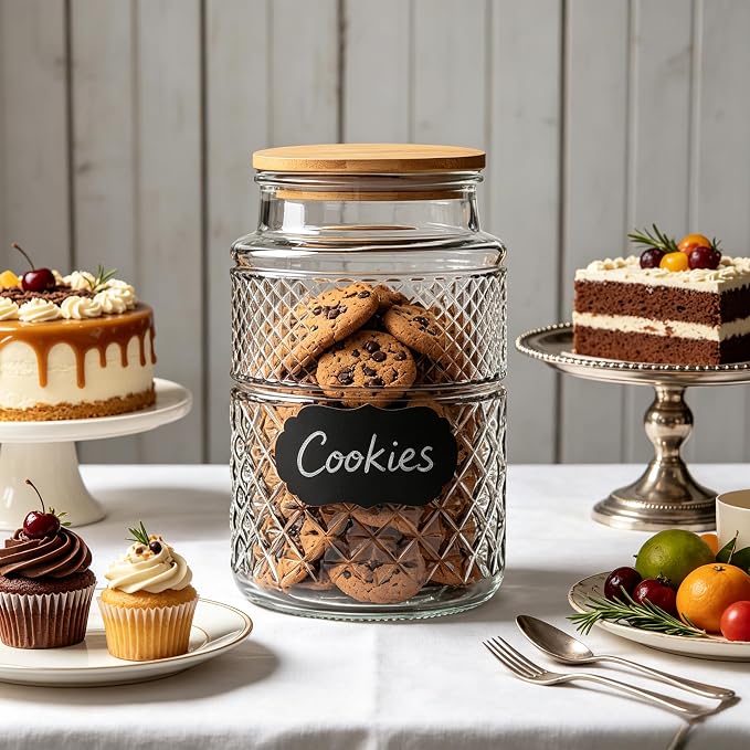 60 FL OZ/0.5 Gal Vintage Glass Storage Jar with Airtight Lid Set of 2 | Kitchen Pantry Thick Glass Container for Flour Sugar Cookie Coffee Laundry Pods, Wide Mouth Opening and Airtight Bamboo lid
