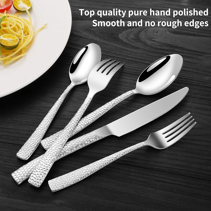 20-Piece Silverware Set, Silver Hammered Stainless Steel Flatware Sets for 4, Food-Grade Tableware Set, Including Fork Knife Spoon Set, Home Kitchen Cutlery Sets, Dishwasher Safe