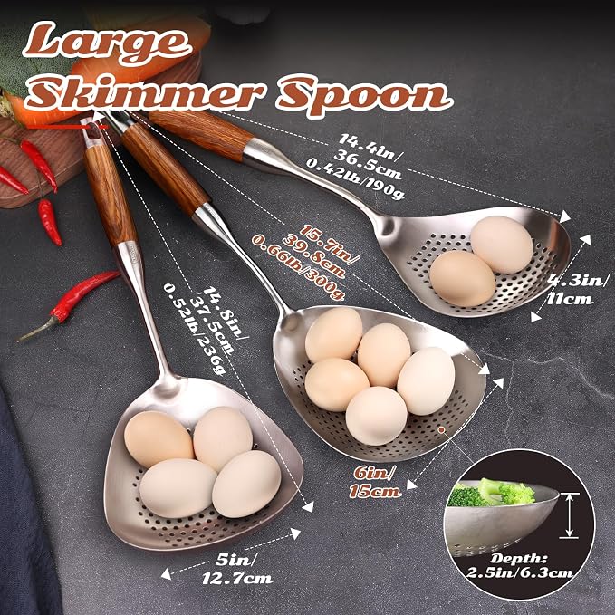 MARTE Skimmer Slotted Spoon，304 Stainless Steel Large Skimmer Ladle Spoon Spider Strainer for Cooking and Deep Frying，16 Inch Pasta Strainer Spoon for Kitchen with Ergonomic Comfortable Grip Handle