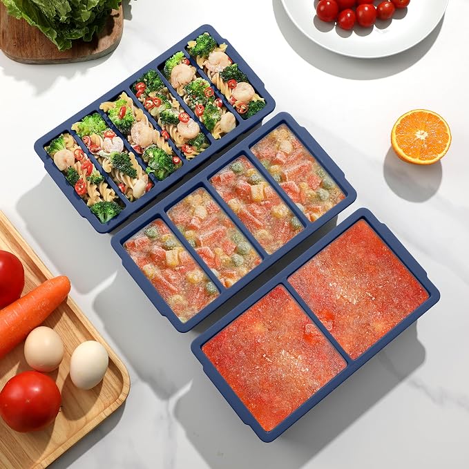 3-Pack Silicone Freezer Trays with Lid,2 Large 2-Cup(500ml)&4 Medium 1-Cup(250ml)&6 Small 1/2-Cup(125ml) Soup Freezer Container Molds,Ice Cube Tray For Meal Prep&Freezing Soup,Stews,Sauces