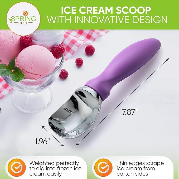 Spring Chef Metal Ice Cream Scoop with Comfortable Handle, Heavy Duty Sturdy Ice Cream Scooper Spoon for Cookie Dough, Frozen Yogurt, Gelato, Sorbet, Sundae, Melon - Dishwasher Safe - Orchid