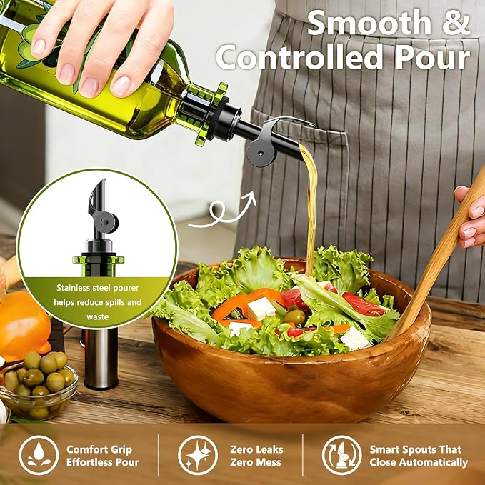 Olive Oil Dispenser Bottle for Kitchen, 12oz/350ml Extra Thick Glass Oil and Vinegar Cruet with Stainless Steel Pourer, Funnel & Cleaning Brush, Premium Oil Dispenser Set (Olive)