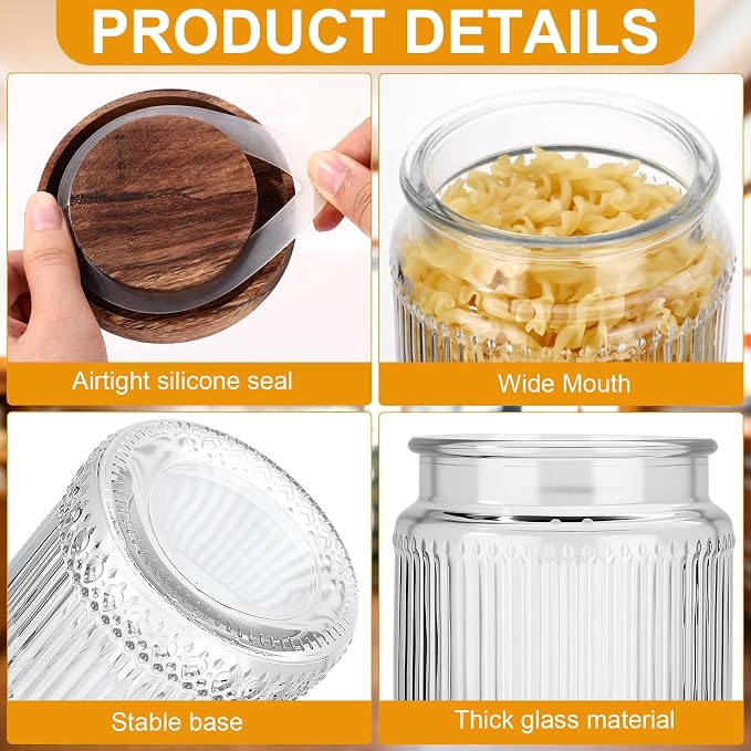 6 Pcs 1000ml/34 oz Vintage Glass Jars with Wood Lids | Airtight Ribbed Containers, Wood Lids for Coffee Beans Tea Sugar Flour Spices, Stackable Pantry Countertop Storage Organizer