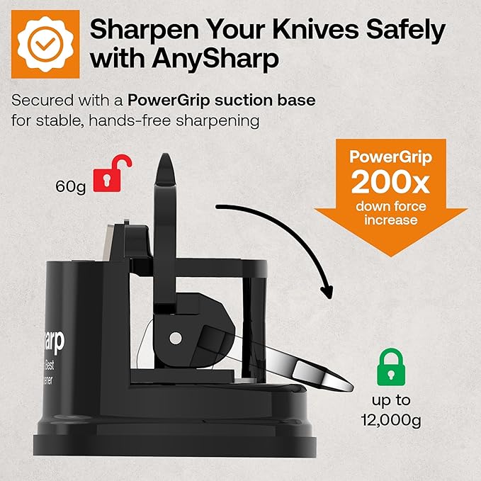 AnySharp – Global – Hands Free Knife Sharpener - Easy to Use Sharpening Tool with PowerGrip Suction Base and 20-Degree Pre-Set Angle - for All Knives: Chef's, Serrated, and Hardened Steel - Black