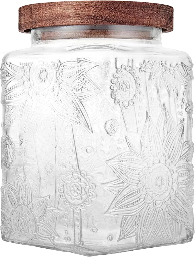 Glass Storage Jars With Airtight Lid, 23.7oz Container For Kitchen Counter with Wood Lid, brown sugar, candy, coffee, cookie, salt, tea, cute Jar (Square Sunflower*1)