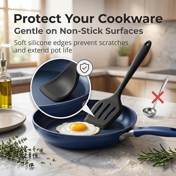 LIANYU Non-Toxic Cooking Utensils Set of 8, Silicone Black Kitchen Utensils Set for Non-Stick Cookware, Healthy Kitchen Tools with Spatula & Spoon, Stainless Steel Core, Healthy & Heat Resistant