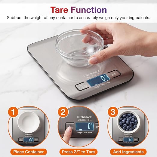 Digital Food Kitchen Scale, 11lb/5kg Capacity with 1g Precision, 5 Units (g/oz/lb:oz/ml/fl'oz), 304 Stainless Steel Surface, Backlit LCD, Tare Function for Cooking, Baking, Keto & Meal Prep