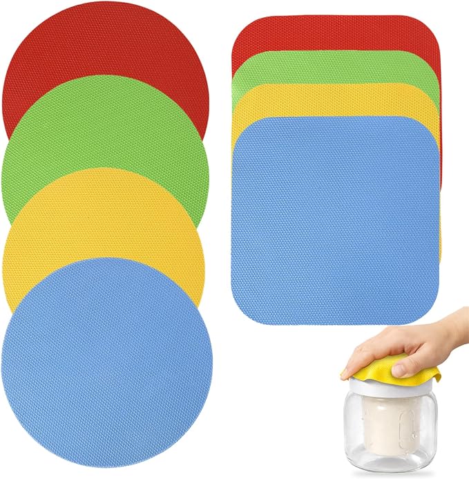 Opasyo 8 Pack Rubber Jar Opener Gripper Pads for Seniors & Weak Hands | Non slip bottle lid openers and easy grip kitchen tool. Multi-function heat resistant coaster pads for opening tight jars.