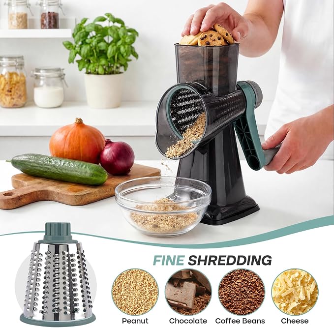 Rotary Cheese Grater,Cheese Shredder Hand Crank, Manual Cheese Grater for Veggies, 3-Blade Grater, Home Kitchen Appliances and Kitchen Gadgets (Blue)