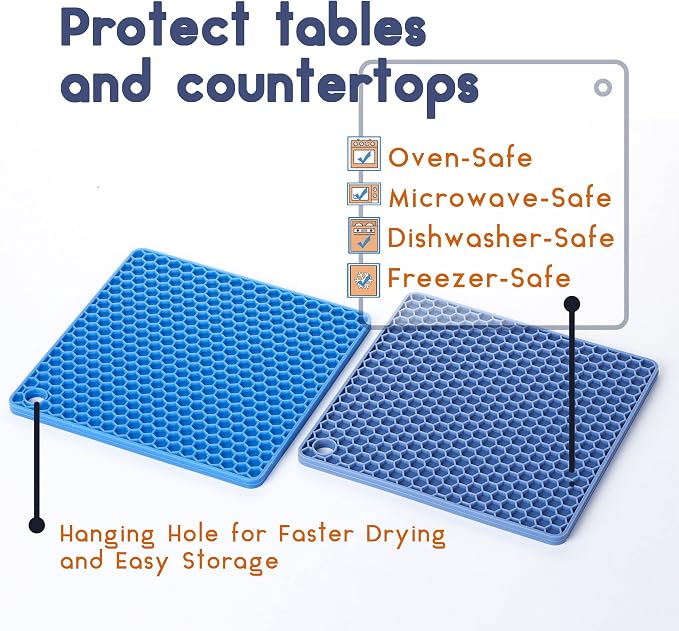 BTaT- Silicone Trivet Mats, 2 Pack, Blue, Heat & Stain Resistant | Non Slip Hot Pads Kitchen Potholders Jar Opener Spoon Holder Food Grade Silicone