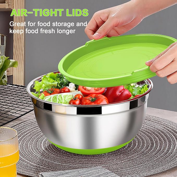 LIANYU Nesting Mixing Bowls Set of 6, Large Size 7, 3.5, 2.5, 2, 1.5, 1QT | Stainless Steel Metal Bowls with Airtight Lids, for Baking Cooking Food Storage, Non-slip Bottom, Colorful