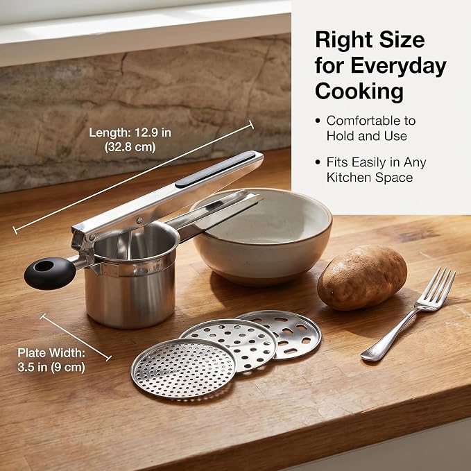 Potato Ricer Stainless Steel, Heavy Duty Ricer for Mashed Potatoes with 3 Discs, Potato Press with Ergonomic Non Slip Handles, Mashed Potato Masher for Vegetables, Fruit, Baby Food