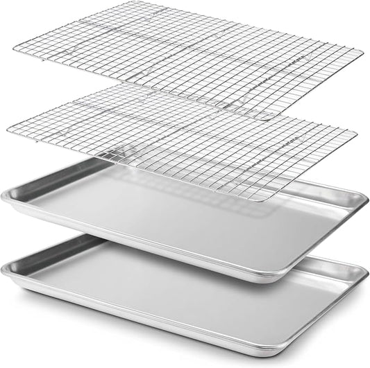 Baking Sheet, 2 Pack Half Sheet Pan with Stainless Steel Wire Rack Set - Easy Clean Cookie Sheets for Baking