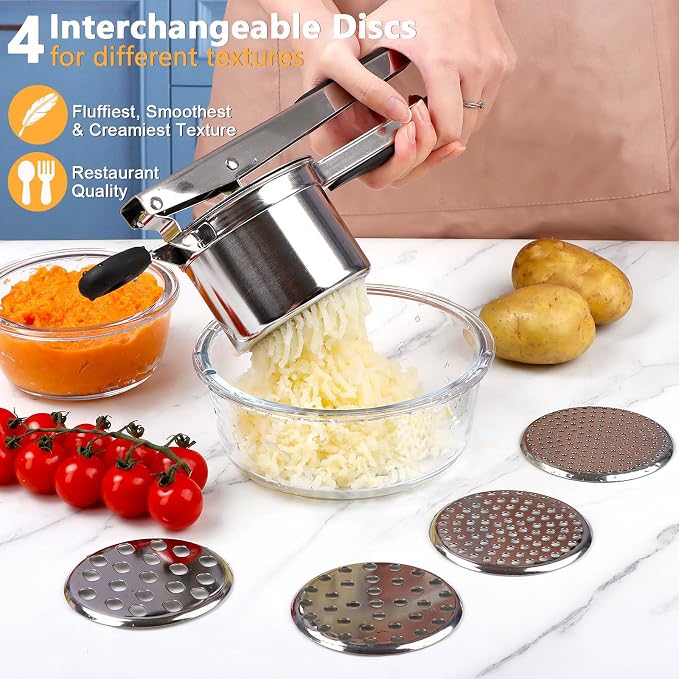 KAYCROWN Potato Ricer With 4 Discs, Heavy Duty Stainless Steel Potato Masher and Ricer for Mashed Potatoes Tool, Spaetzle Maker Lemon Squeezer