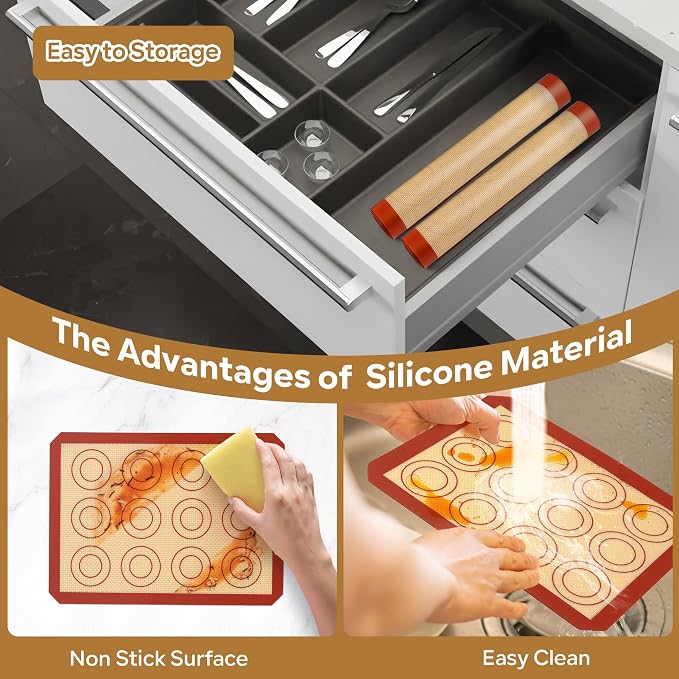 P&P CHEF 9.7 Inch Silicone Baking Mat, 2Pcs Non-stick Silicone Oven Mats | Reusable Baking Supplies for Macaroon Pastry Bread Dough Cookie Pizza, Good for Roasting Kneading, Fit Well with Sheet Pan