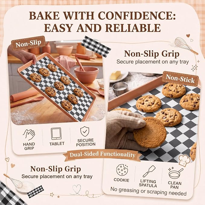 2 Pcs Checkered Silicone Baking Mat Non-Stick Reusable Oven Liner, Food Grade Silicone Roasting Mat with Anti-Slip Grid Design for Baking, Oven, Air Fryer(Black and White, 16.4 x 10.8 Inch)