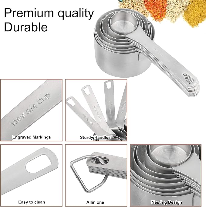 Measuring Cups Set, 18/8 Stainless Steel Measuring Cups Set with Magnetic Conversion Chart, Dry&Liquid Metal Measuring Cups for Baking&Kitchen, Metric&US 8 Measuring Cups with 2/3cup&3/4cup