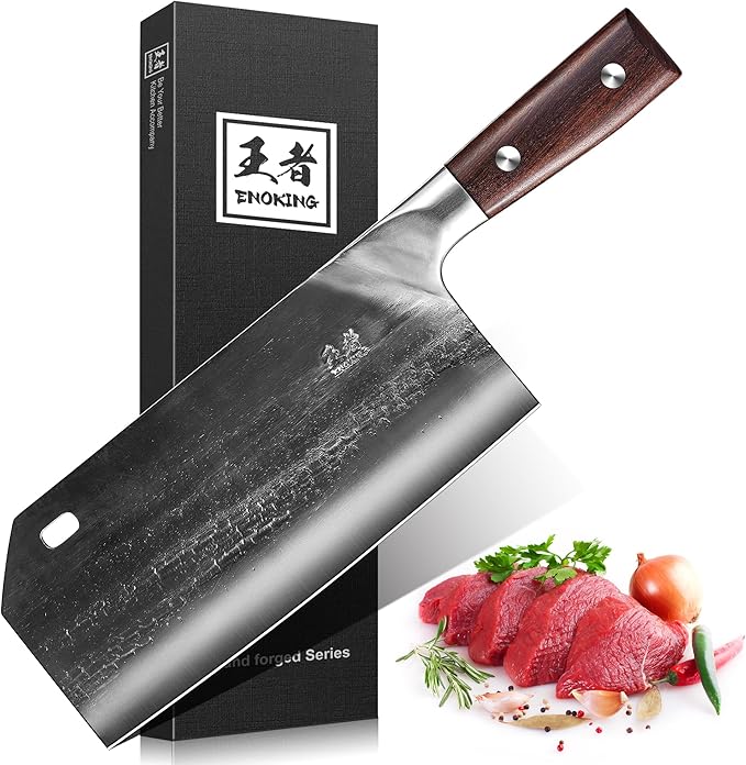 ENOKING 8.1″ Hand Forged Serbian Cleaver & Chef’s Knife – High Carbon Stainless Steel Butcher Knife with Full Tang for Kitchen & Outdoor