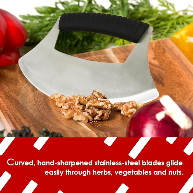 KAYCROWN Mezzaluna Knife Pizza Cutter Salad Chopper - Stainless Steel Sharp Rocker Ulu Knife with Protective Cover for Cutter Pizza, Meat, Vegetables, Herbs, Salad