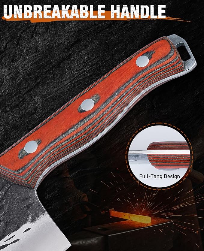 Naitesen 3PCS Hand Forged Butcher Knife Set with Gift Box | Very Sharp Full Tang Wood Handle Serbian Chef Knife, Cleaver and Boning Knife for Meat Cutting Kitchen, Camping & BBQ