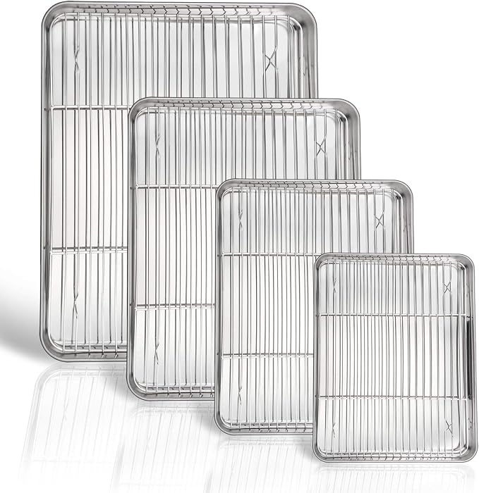 P&P CHEF 16 + 12.5 + 10.4 + 9 Inch Baking Sheet & Rack, Pan and Wire Rack | 8 Pcs (4x Cookie Sheets + 4x Cooling Racks), 4 Sizes, Stainless Steel Oven Pans Trays with Wire Racks, Oven & Dishwasher Safe