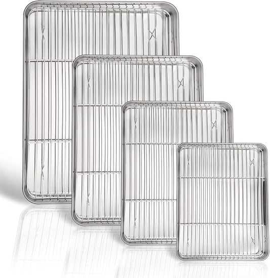 P&P CHEF 16 + 12.5 + 10.4 + 9 Inch Baking Sheet & Rack, Pan and Wire Rack | 8 Pcs (4x Cookie Sheets + 4x Cooling Racks), 4 Sizes, Stainless Steel Oven Pans Trays with Wire Racks, Oven & Dishwasher Safe