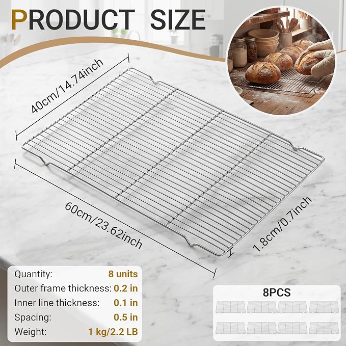 Lounsweer 8 Pcs Cooling Racks, 24L X 16W X 1H Stainless Steel Wire Rack for Baking Sheet, Large Cookie Cooling Rack, Oven Safe Cooking Racks for Sheet Pan, Dishwasher Safe