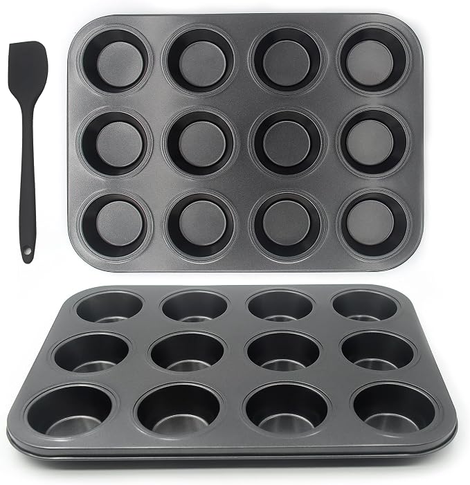 Non-Stick Muffin Pans, 12-Cup Standard Baking Pans Set of 2 with a Scraper for Perfect Muffins & Cupcakes
