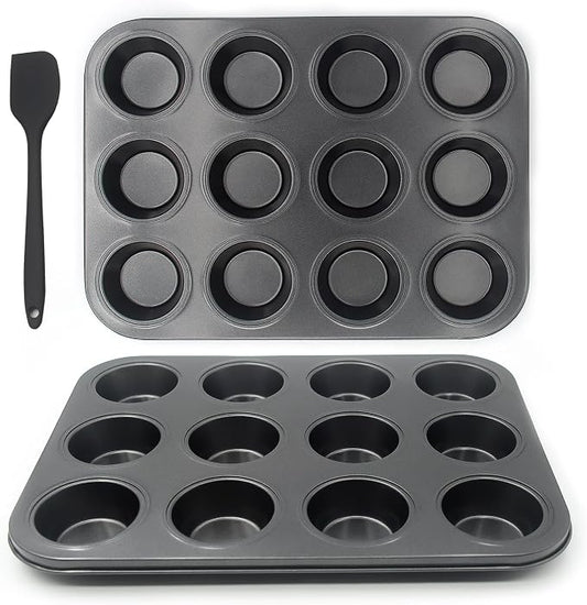 Non-Stick Muffin Pans, 12-Cup Standard Baking Pans Set of 2 with a Scraper for Perfect Muffins & Cupcakes