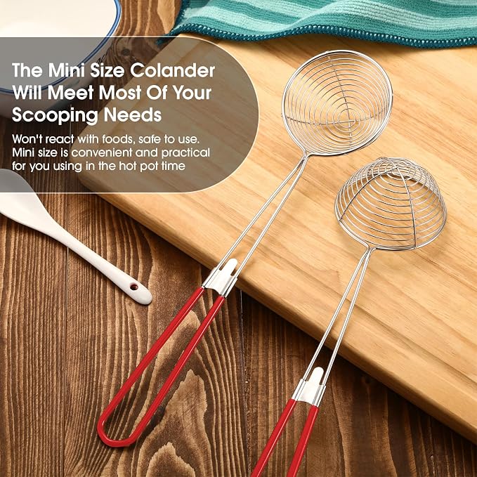 Geiserailie 10 Pieces Hot Pot Kit Strainer Scoops Stainless Steel 2.5 Inch Mini Spider Strainer Skimmer Pasta Mesh Spoon Asian Skimmer Spoon Ladle with Handle for Home (Red)