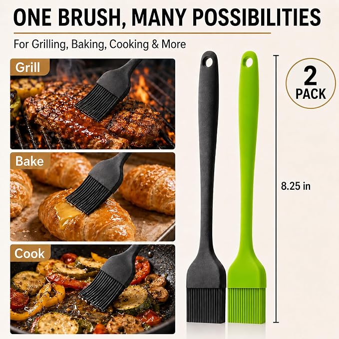 Silicone Basting Pastry Brush for Baking Bbq Spread Oil Butter | 2 Pack Cooking Kitchen Brushes, Heat Resistant BPA free, Dishwasher Safe