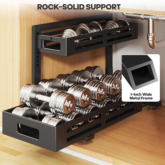 2 Pack 21IN-Depth Under Sink Organizer,Pull Out Cabinet Organizer With Smooth Cylindrical Rail,Metal Slide Out Drawer for Kitchen Bathroom Laundry,8-Level Tool Free Height Adjustable-Black