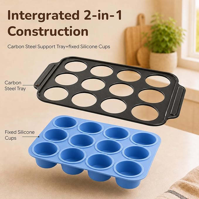 2 Pack Silicone Muffin Pans for Baking, 12-Cup Muffin Tin with Metal Frame | 2 Pack value, 12-Cup muffin pans, Reinforced metal frame, Easy release cups, Nonstick silicone, Oven & dishwasher safe