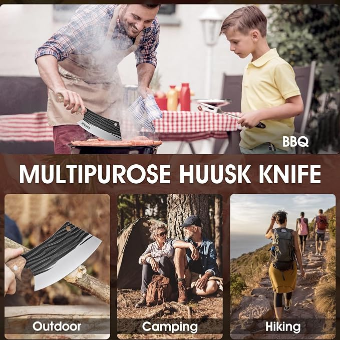 Huusk Butcher Knives for Meat Cutting, Hand Forged Meat Cleaver Knife Full Tang High Carbon Steel Chef Knives Heavy Duty Butcher Knife for Camping, BBQ, Gift for Men and Women