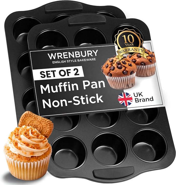 Wrenbury Set of 2 Nonstick Muffin Pan 12 Cup – Deep Cupcake Yorkshire Pudding Tin, PTFE & PFOA Free Carbon Steel, Warp Resistant Baking Tray for Even Bakes