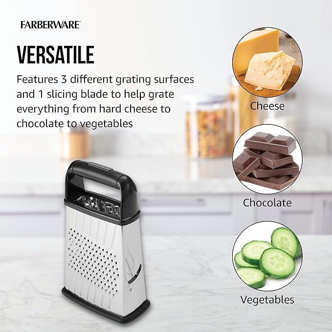 Farberware Slim Box Grater with Storage Container, Stainless Steel 4-Sided Cheese Grater with 1-Cup Catch Cup, Lid, and Non-Slip Base - Dishwasher Safe Kitchen Grater for Cheese, Vegetables, and More