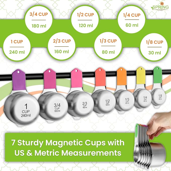 Spring Chef Magnetic Measuring Cups & Spoons Set of 16, Patented, Neon | Stackable Stainless Steel Measuring Cups & Heavy Duty Metal Measuring Spoons with Levelers for Dry & Liquid Ingredients